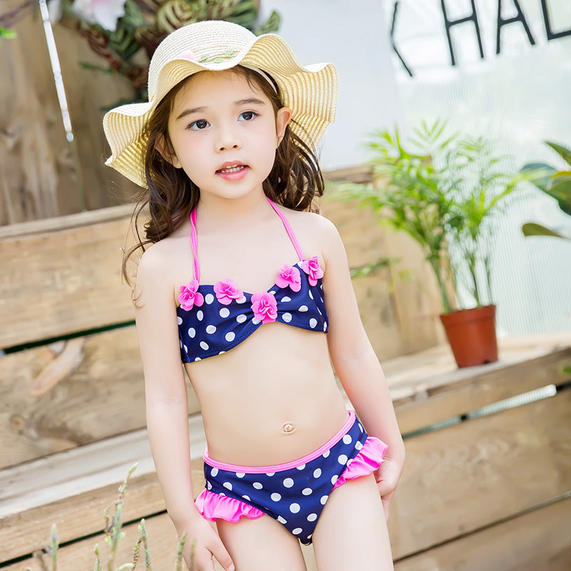 Girl Sweet And Cute Princess Polka Dot Bikini Three-Piece Suit For Kids