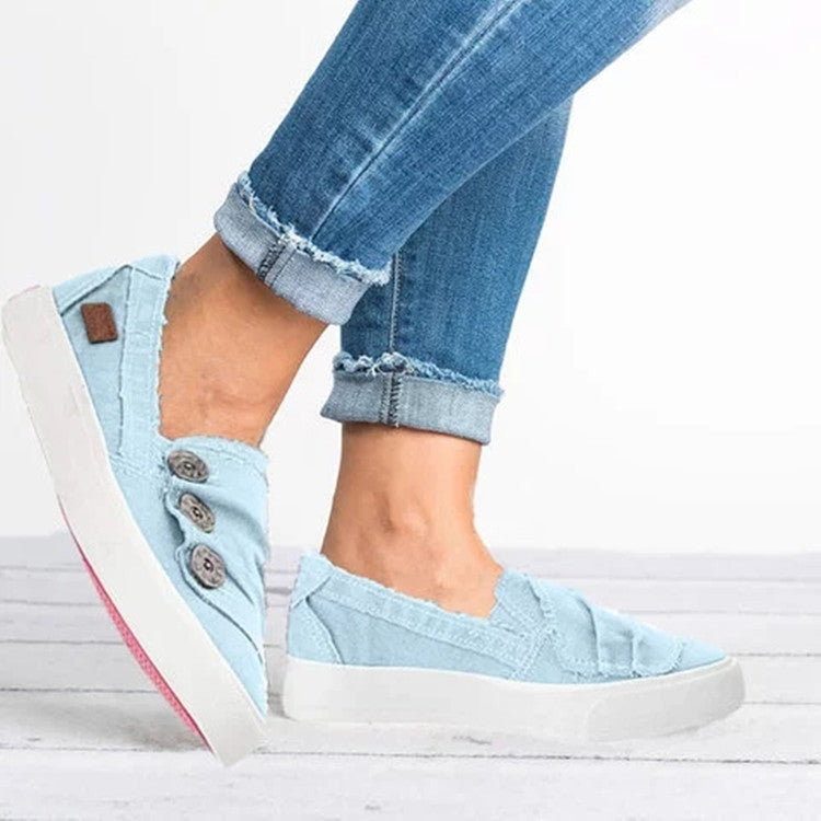 Large Size Denim Canvas Shoes Women Flat Bronze Buckle Shoes