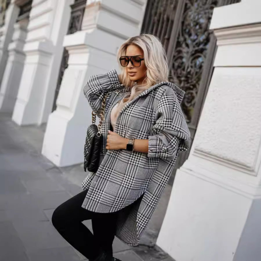 Plaid Hooded Side Slit Personality Street Coat