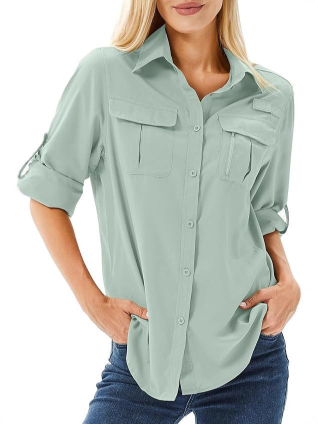 Casual Quick-drying Stretch Zipper And Lapel Pocket Women's Shirt