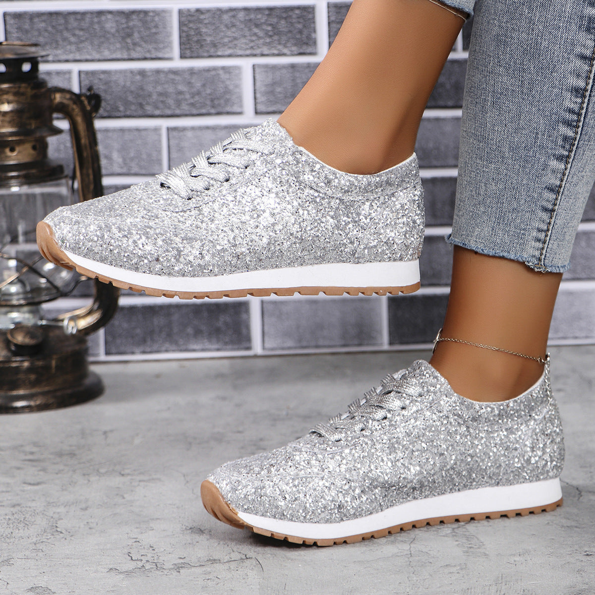 Beautiful Sequin Lace-up Flat Casual Sports Single-layer Shoes Women