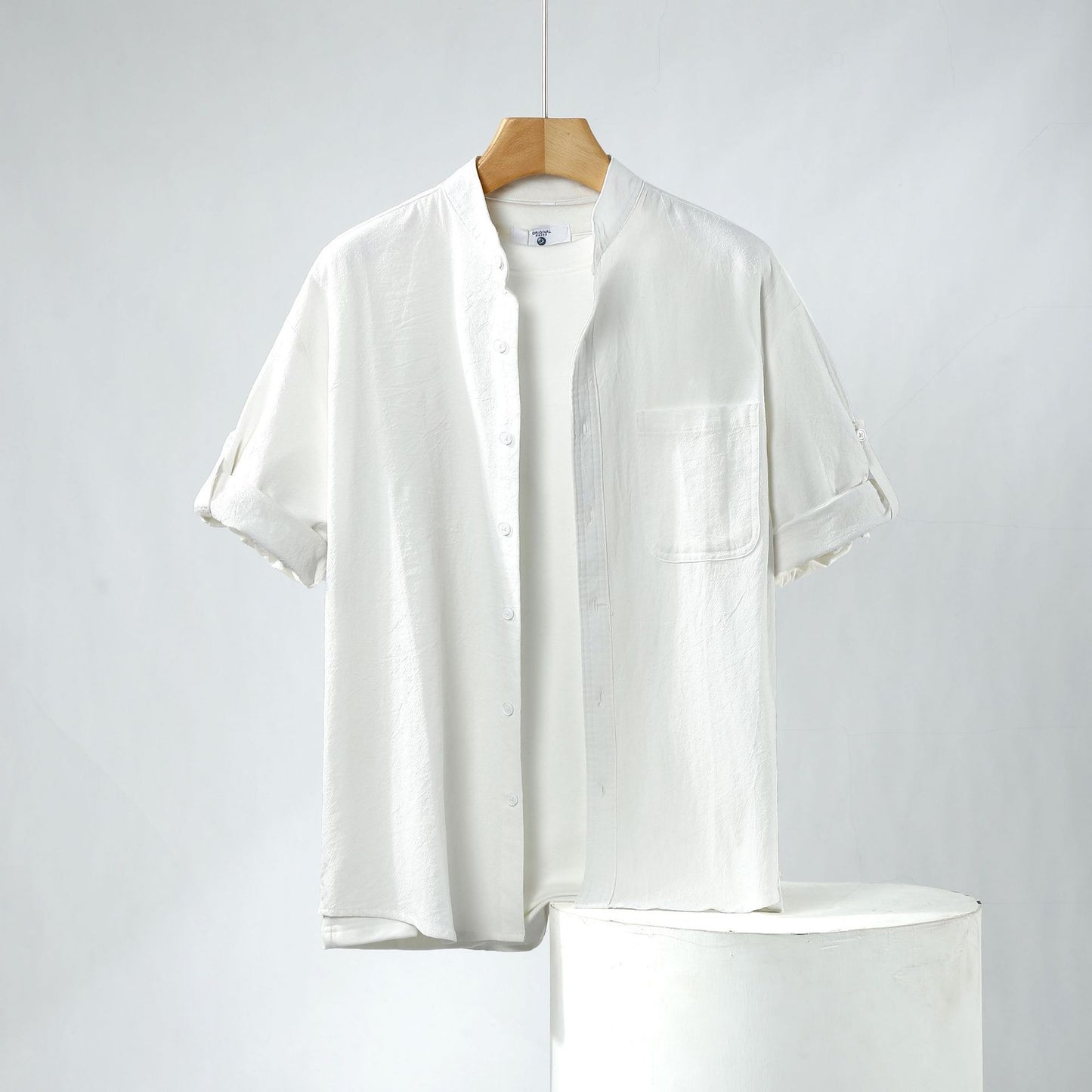 Linen Shirt Men's Short-sleeved Shirt Loose Men's Clothing Chinese Style Summer Cotton Linen Men's Solid Color Simple Stand Collar Top