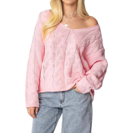 Women's V-neck Twist Knitted Pullover Sweater Blouse