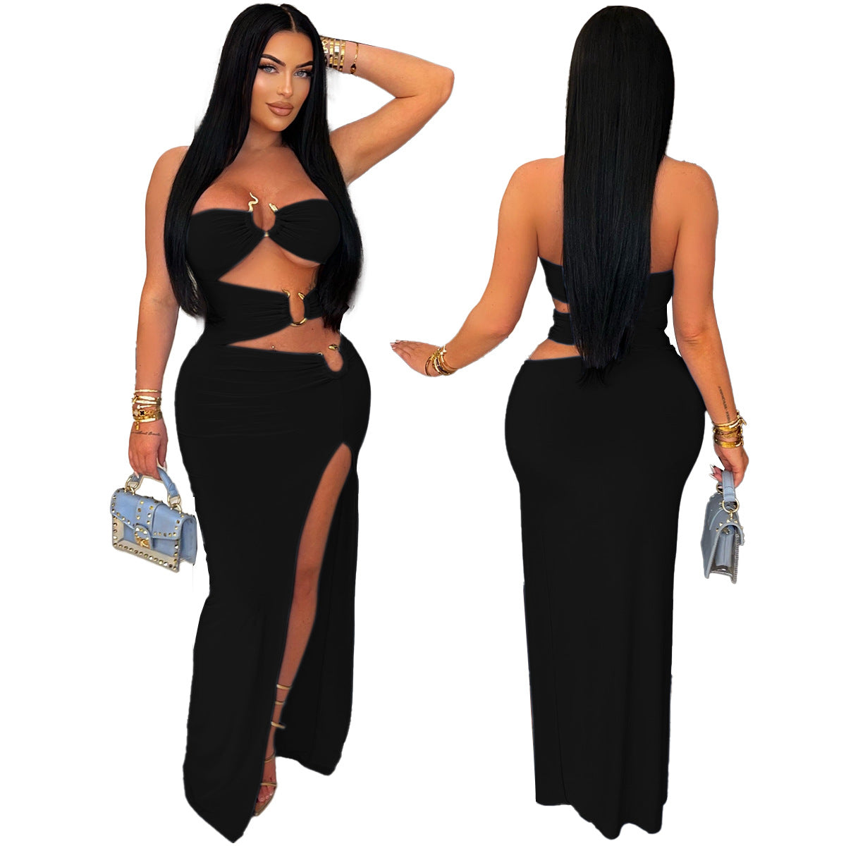 Women's Solid Color Hollow-out Eyelet Stitching High Slit Hip Dress