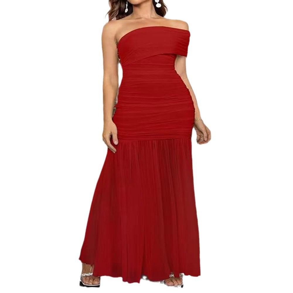 New Women's Solid Color Slim-fit Oblique Shoulder Dress