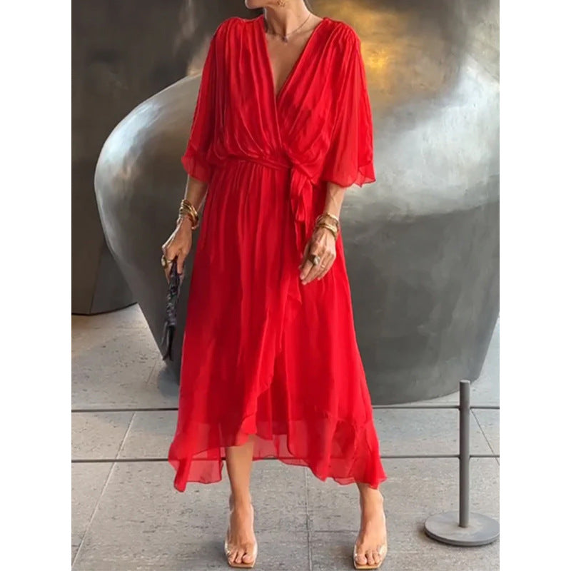 Pure Color Tied Long Dress Batwing Sleeve Irregular Dress Plus Size
