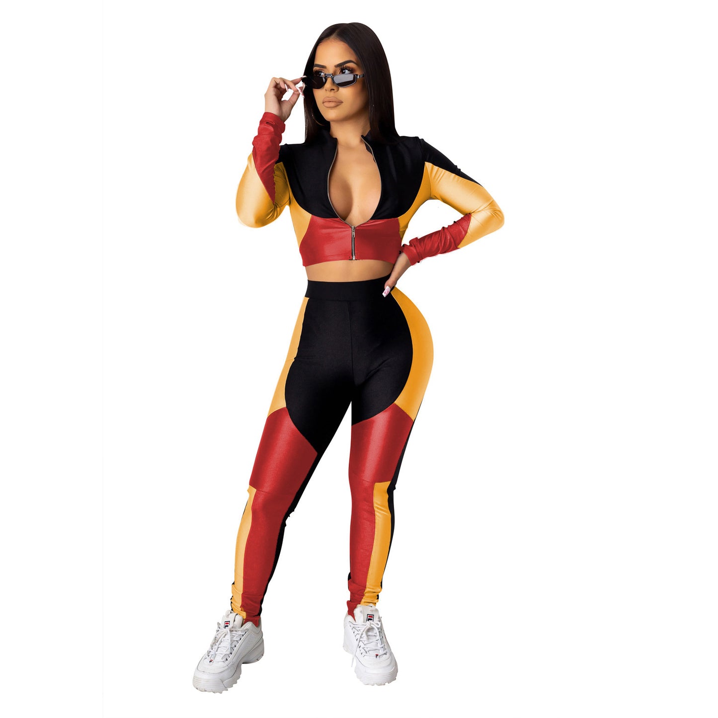 Women's Three-color Stitching Long-sleeved Sports Two-piece Suit