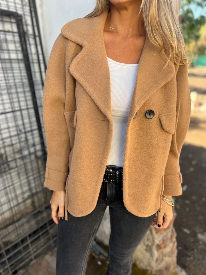 Women's Solid Color Casual Woolen Lapel Button Faux Pocket Coat