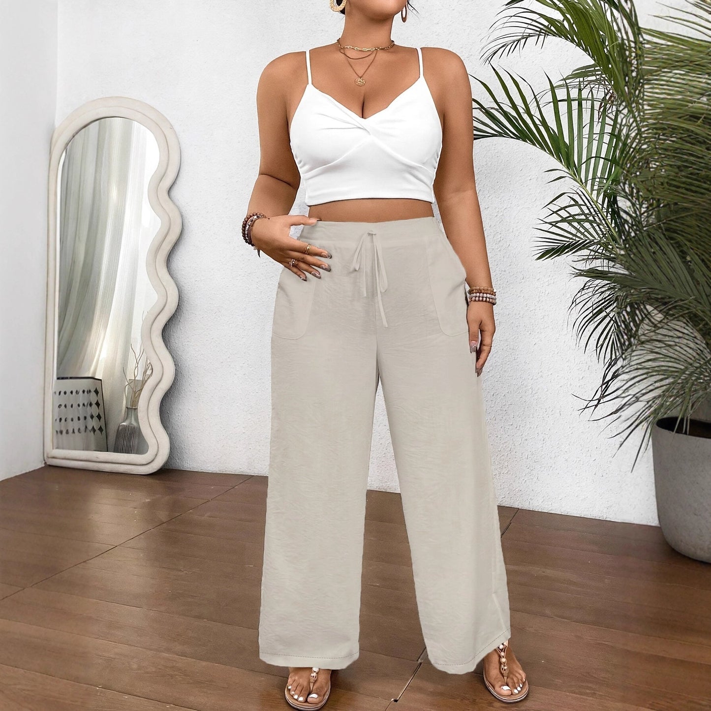 Drawstring Wide Leg Pocket Trousers Loose Women