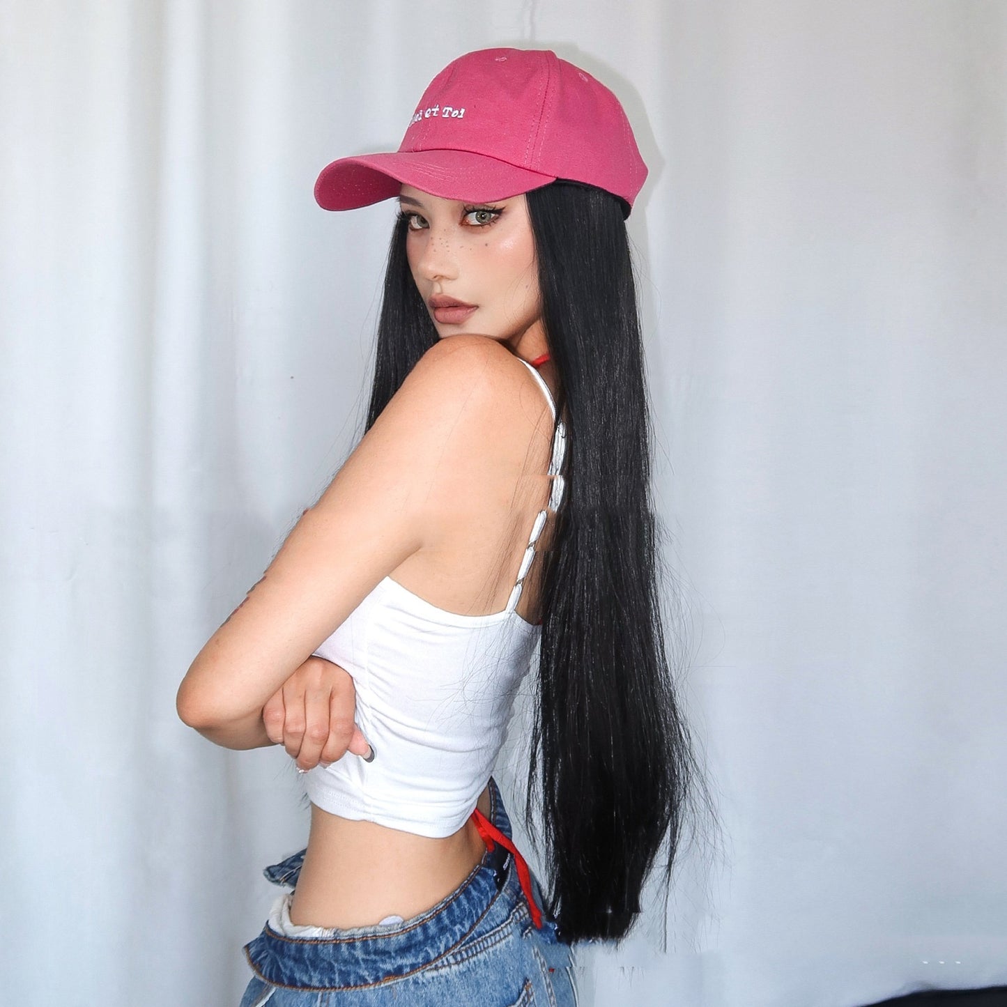 Long Black Straight Hair Hat Removable Natural High-temperature Fiber Wig