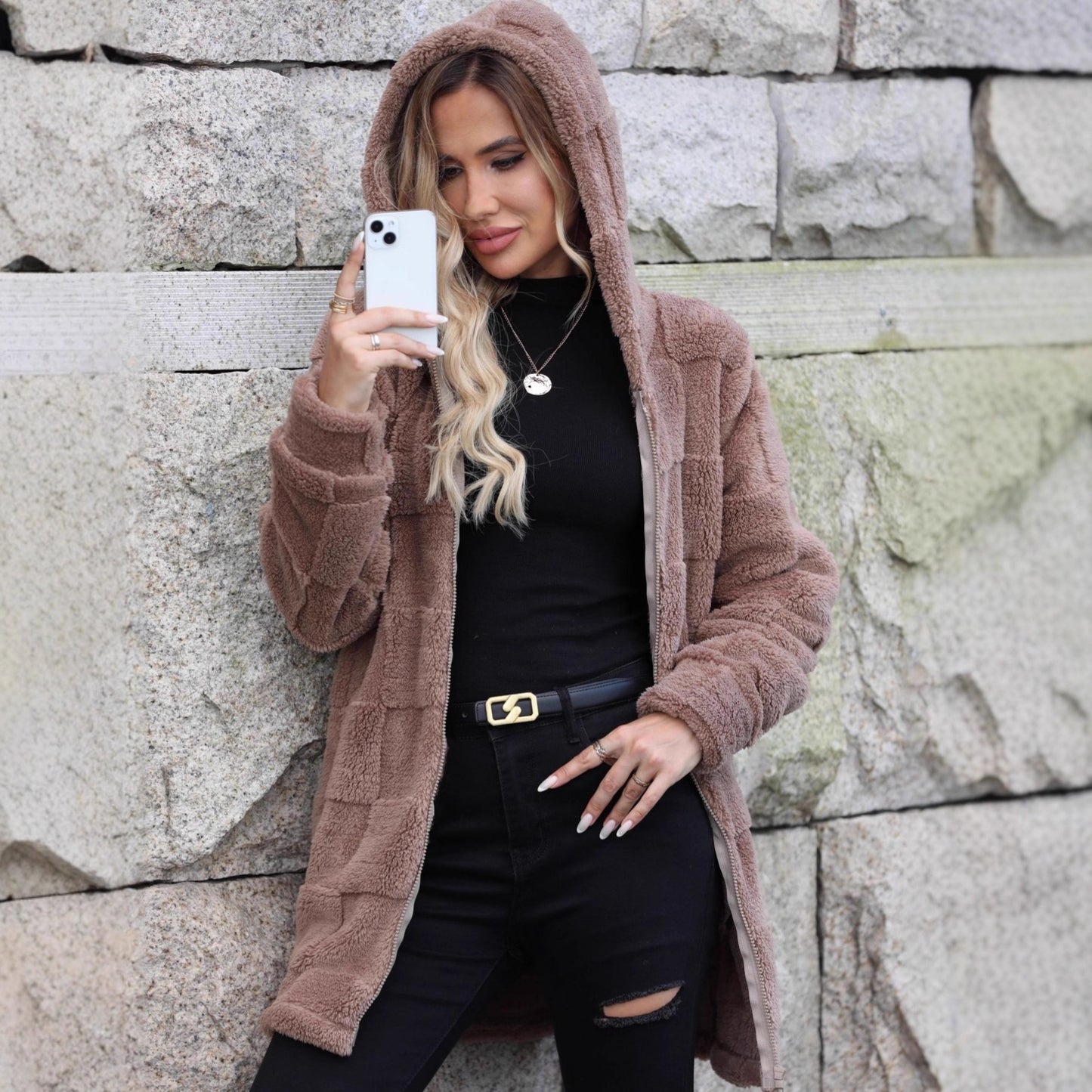 Hooded Long Cardigan Plush Coat