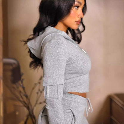 Women's Casual Tight Sportswear Multi-pocket Top Pants Suit