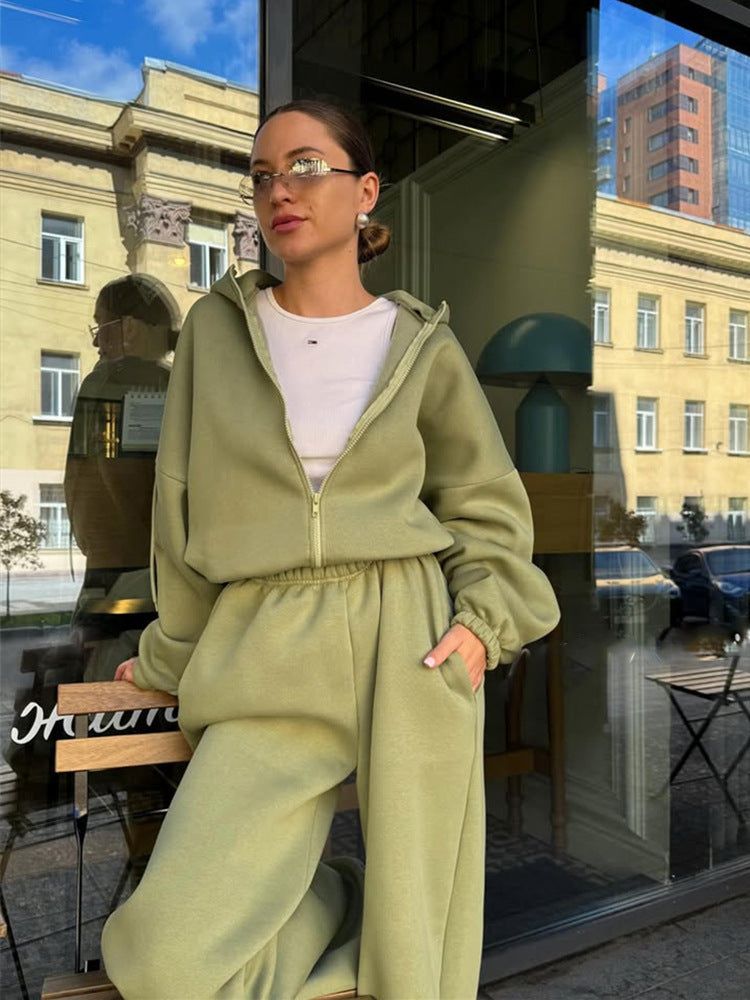 Women's Casual Solid Color Long-sleeved Zipper Sweater Wide-leg Pants Sports Suit