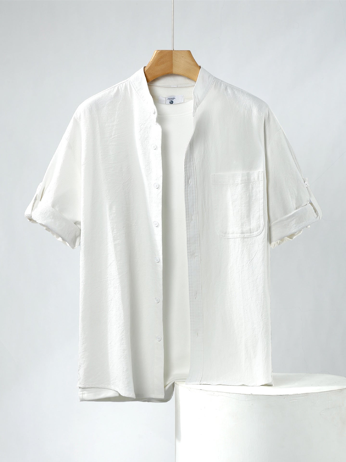 Linen Shirt Men's Short-sleeved Shirt Loose Men's Clothing Chinese Style Summer Cotton Linen Men's Solid Color Simple Stand Collar Top