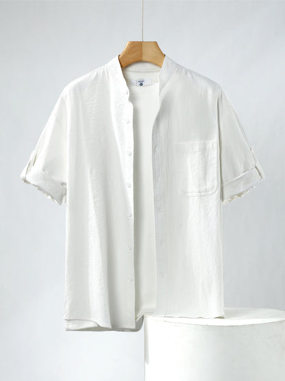 Linen Shirt Men's Short-sleeved Shirt Loose Men's Clothing Chinese Style Summer Cotton Linen Men's Solid Color Simple Stand Collar Top