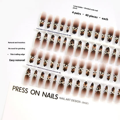 Autumn And Winter French Leopard Spots Long Ladder Nail Beauty Glossy Matte