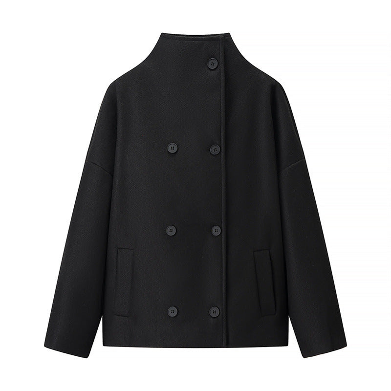 Short Stand Collar Breasted Woolen Coat