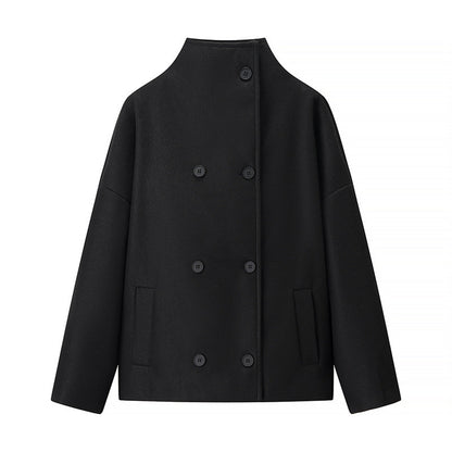 Short Stand Collar Breasted Woolen Coat