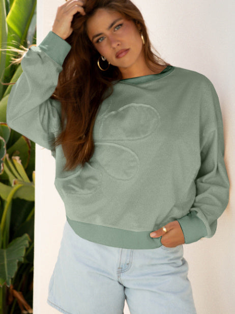 Coffee Raw Edge Flower Patch Drop Shoulder Casual Top