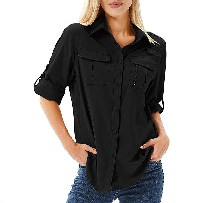 Casual Quick-drying Stretch Zipper And Lapel Pocket Women's Shirt