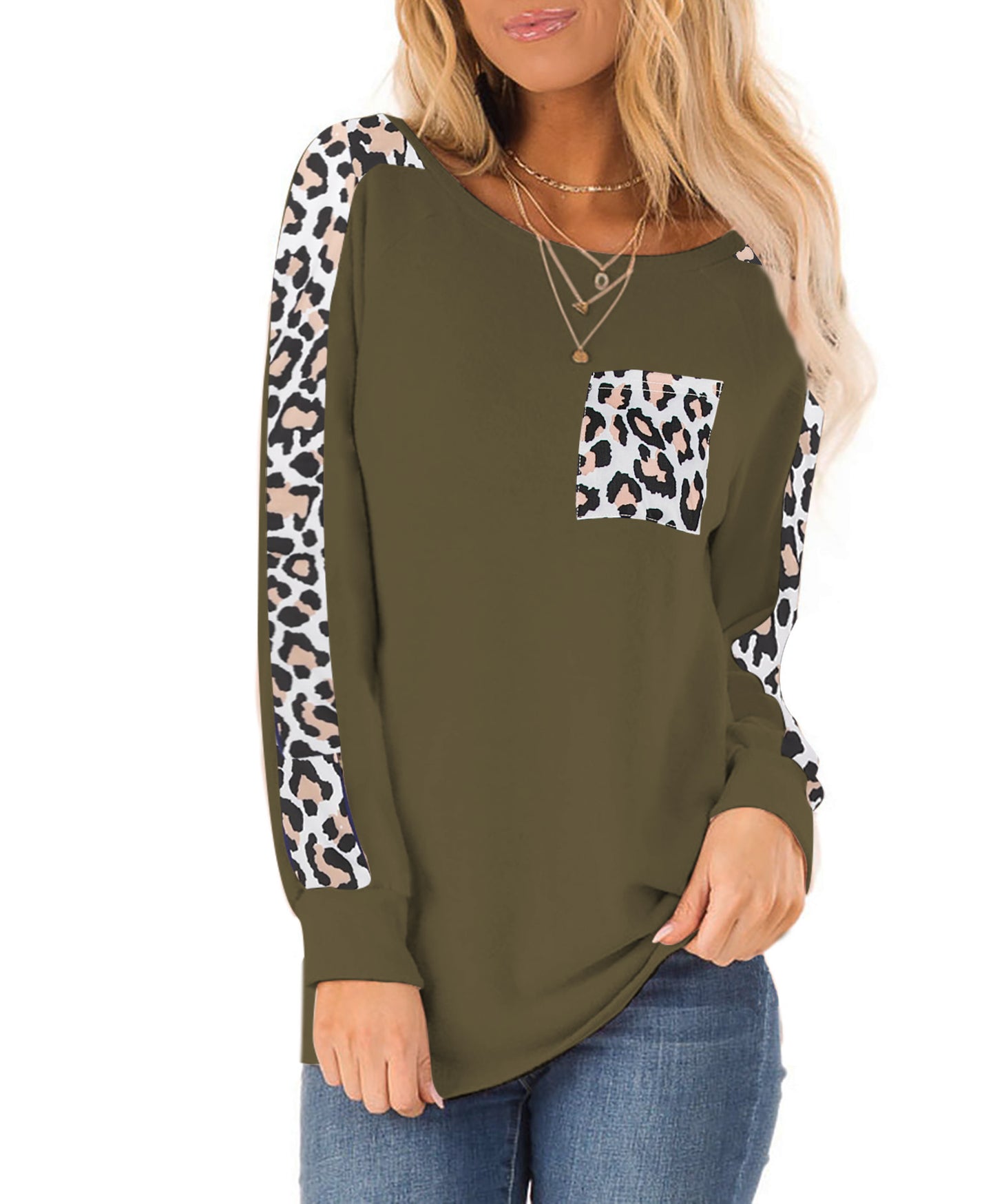 Long Sleeve Leopard Splicing Top Pocket Round Neck Pullover