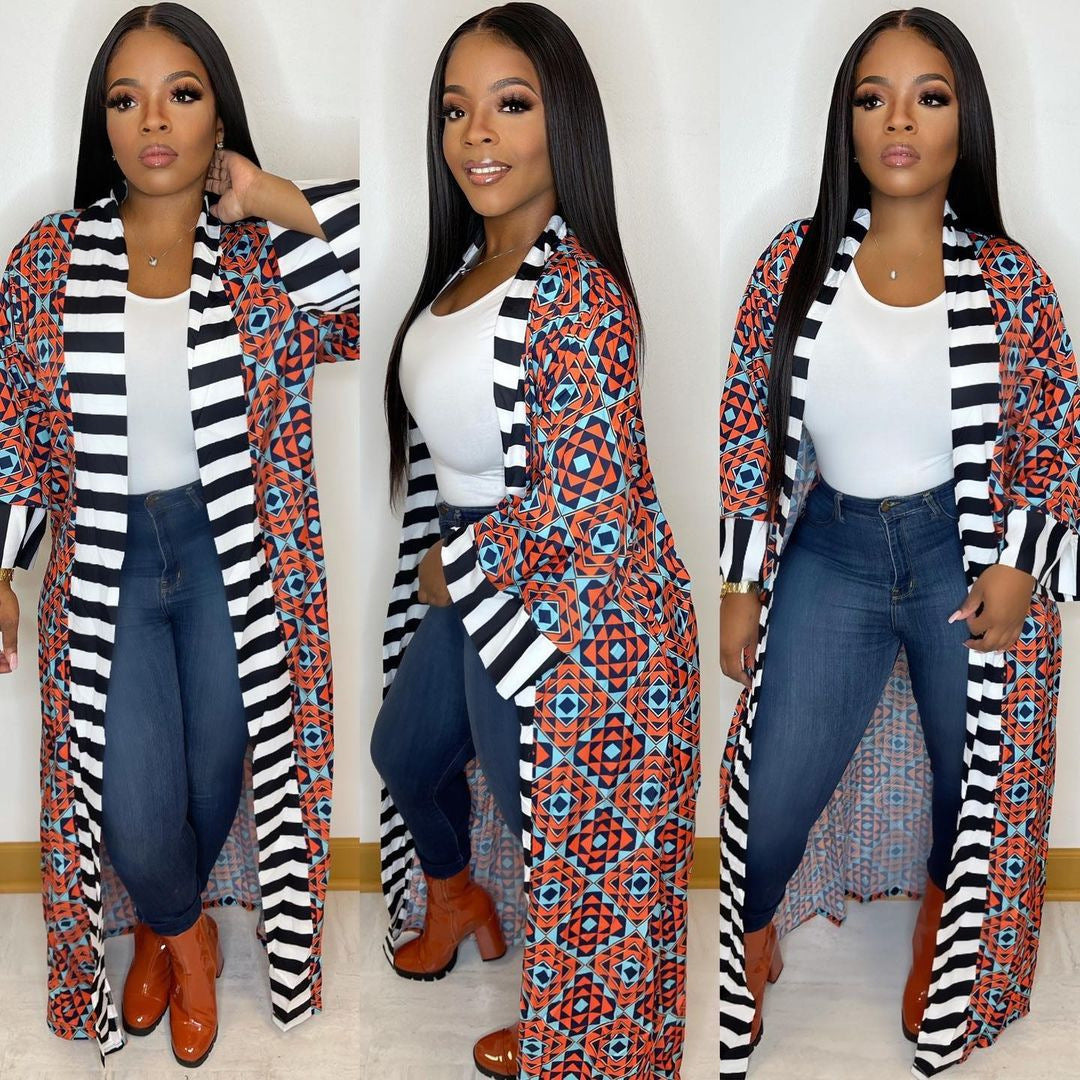 Women's Casual Fashion Striped Pattern Printed Long Sleeve Coat Dress