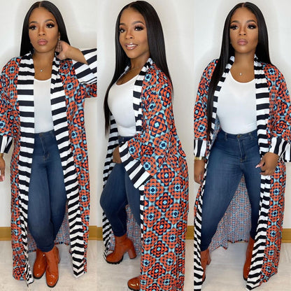 Women's Casual Fashion Striped Pattern Printed Long Sleeve Coat Dress