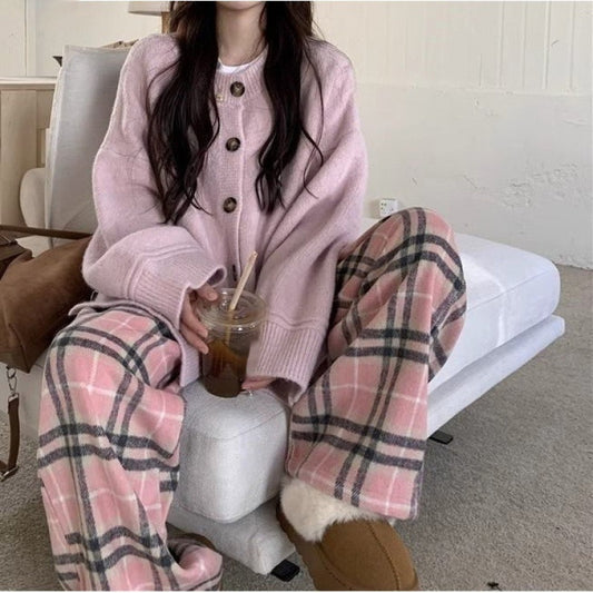 Gentle Temperament Idle Style Plaid Wide-leg Trousers