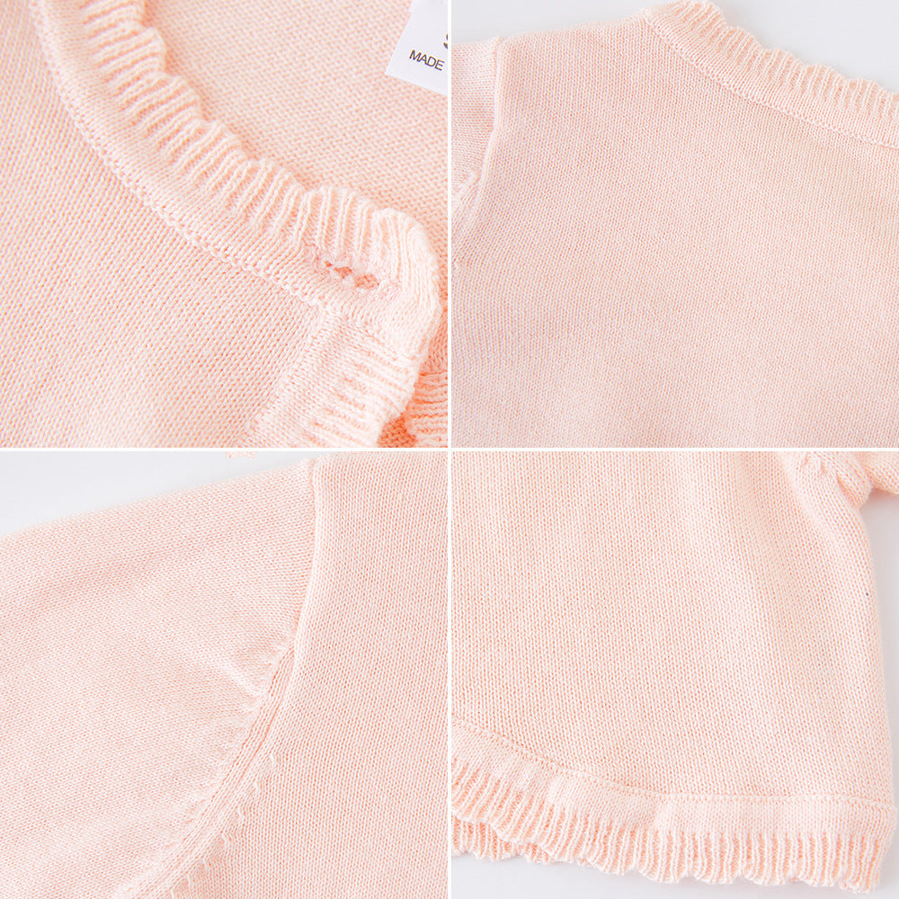 New Korean Style Round Neck Girl's Knitted Cardigan Coat Medium And Large Kids' Sweater Shawl