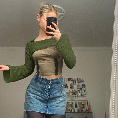 Knitwear Bell Sleeve Loose Round Neck Hollow Out Sweater