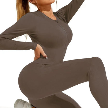 Women's Solid Color Zipper Slim Fit Yoga Bodysuit High Elastic Running Sport Long Sleeve One-piece Sportswear