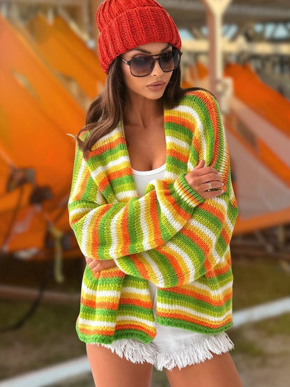 Rainbow Striped Sweaters Round Neck Long Sleeve Loose