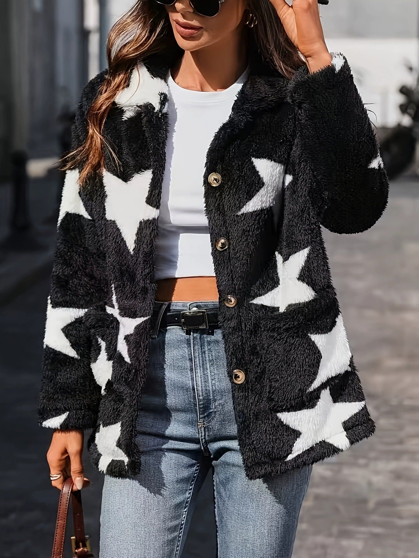 Women's Printed Double-sided Plush Casual Button Plush Coat