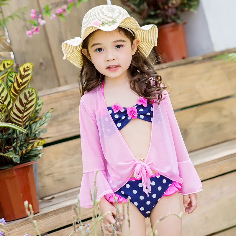 Girl Sweet And Cute Princess Polka Dot Bikini Three-Piece Suit For Kids
