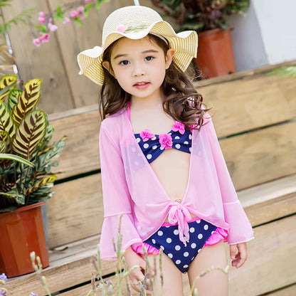 Girl Sweet And Cute Princess Polka Dot Bikini Three-Piece Suit For Kids
