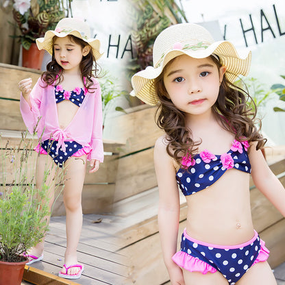 Girl Sweet And Cute Princess Polka Dot Bikini Three-Piece Suit For Kids
