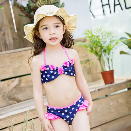 Girl Sweet And Cute Princess Polka Dot Bikini Three-Piece Suit For Kids