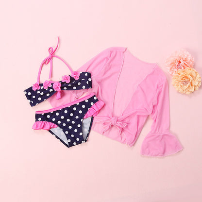 Girl Sweet And Cute Princess Polka Dot Bikini Three-Piece Suit For Kids