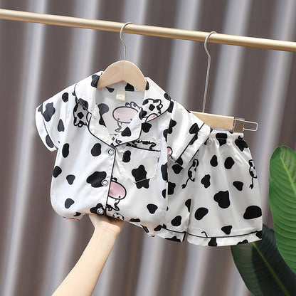 Pajamas Boy Summer Short-Sleeved Ice Silk Girl Thin Section Middle And Small Children Kids Home Service Baby Suit