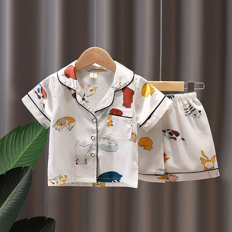 Pajamas Boy Summer Short-Sleeved Ice Silk Girl Thin Section Middle And Small Children Kids Home Service Baby Suit