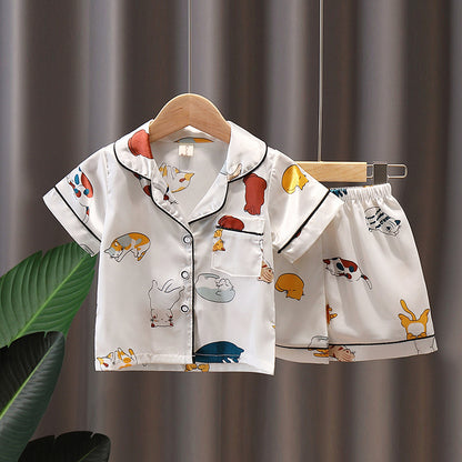 Pajamas Boy Summer Short-Sleeved Ice Silk Girl Thin Section Middle And Small Children Kids Home Service Baby Suit