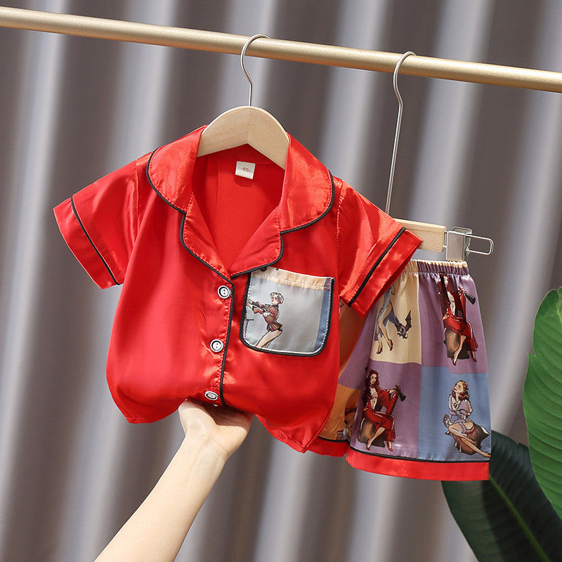 Pajamas Boy Summer Short-Sleeved Ice Silk Girl Thin Section Middle And Small Children Kids Home Service Baby Suit