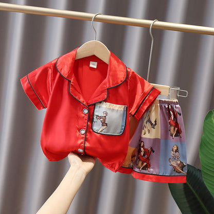 Pajamas Boy Summer Short-Sleeved Ice Silk Girl Thin Section Middle And Small Children Kids Home Service Baby Suit