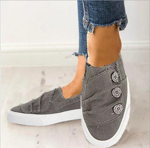 Large Size Denim Canvas Shoes Women Flat Bronze Buckle Shoes