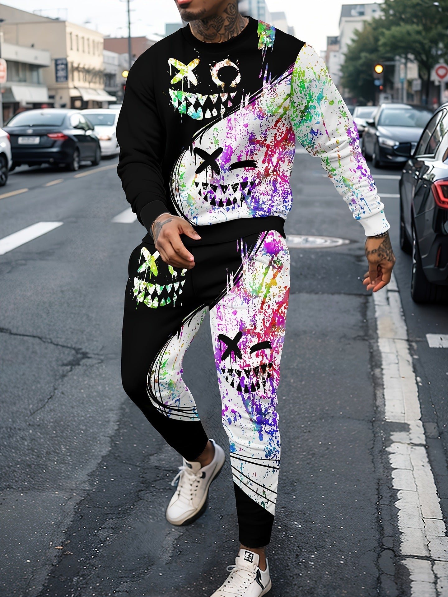 Sports Men's Clothing Casual Retro Digital Printed Round Neck Sweater Suit