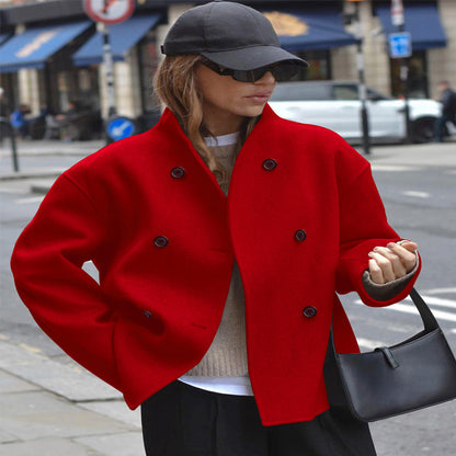 Women's Casual Double Breasted Solid Color Woolen Overcoat Coat