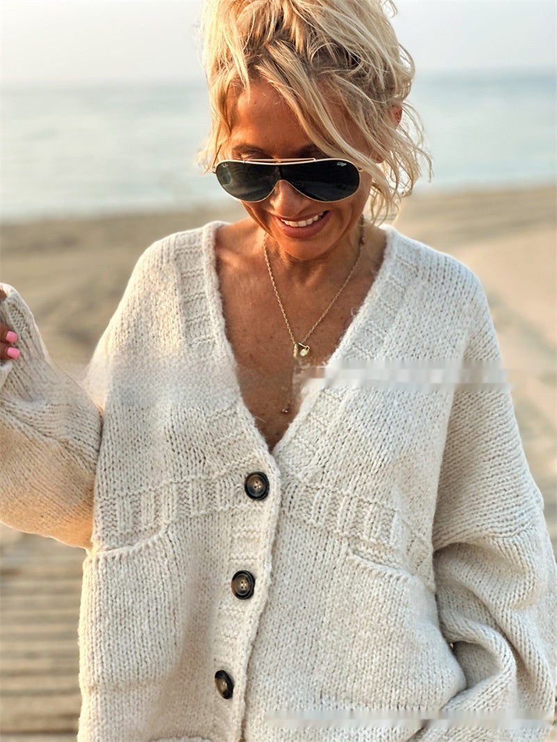 Cardigan Women Coat Long Sleeve V-neck Buttons Pocket