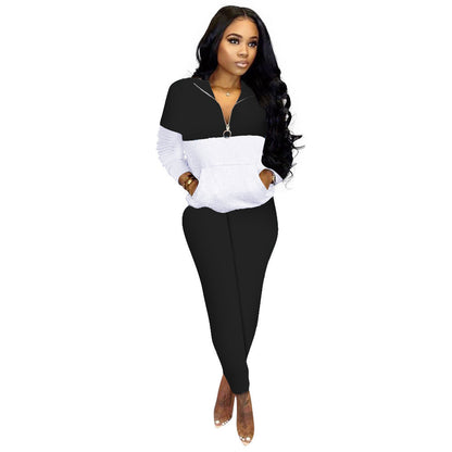 Women's Fashion Casual Solid Color Stitching Long-sleeved Trousers Two-piece Set