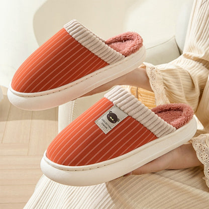 Solid Striped Plush Slippers Winter Warm Bear Fleece Shoes House Indoor Bedroom Floor Thick-soled Home Slipper For Women Men Couple