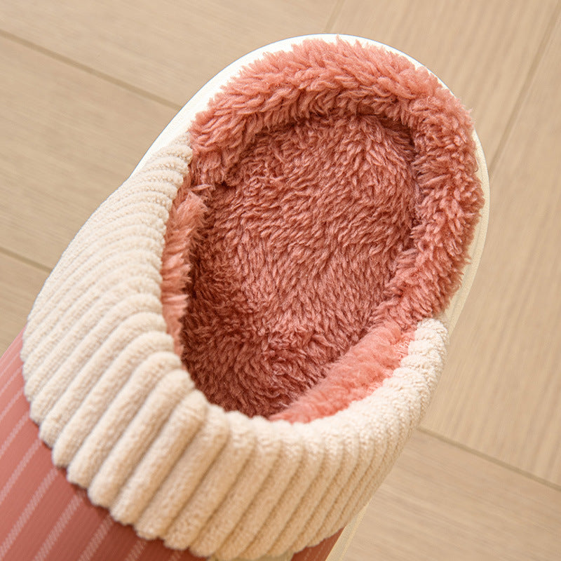 Solid Striped Plush Slippers Winter Warm Bear Fleece Shoes House Indoor Bedroom Floor Thick-soled Home Slipper For Women Men Couple